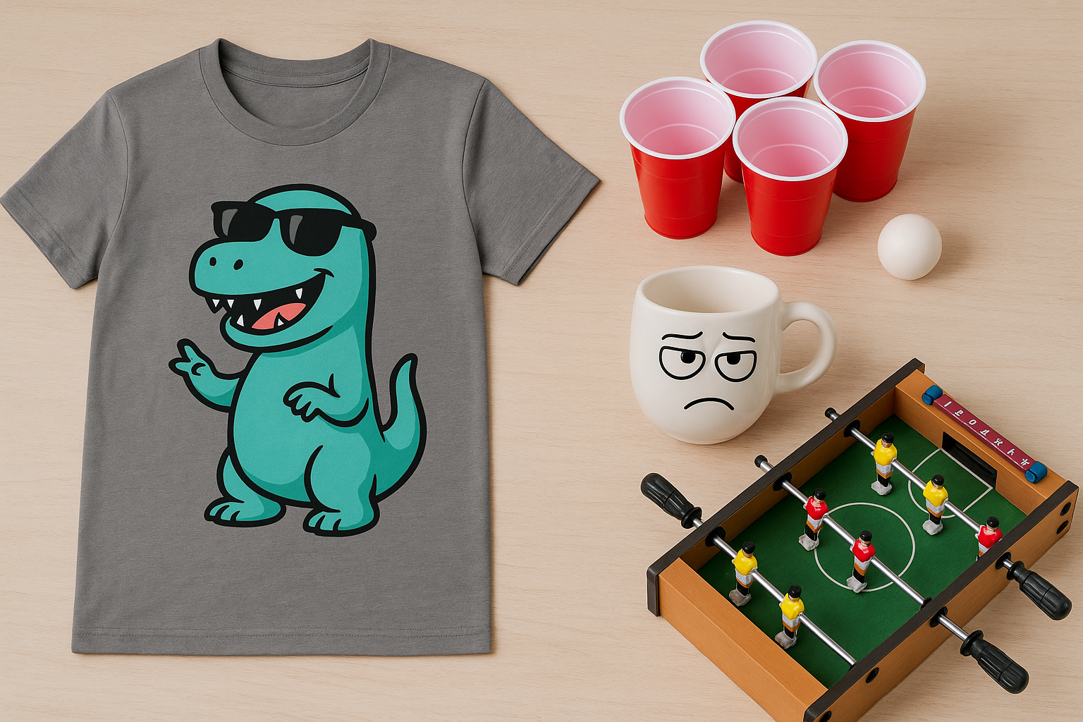 Ilustrační flatlay s vtipnými dárky – tričko s dinosaurem, beer pong kelímky, hrnek se srandovním obličejem a mini stolní fotbálek. Perfektní vizuál pro sekci Top 10 vtipných dárků